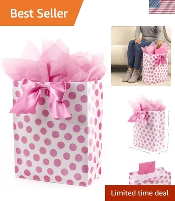 High-Quality 15" Pink Polka Dot Gift Bag with Bow for Baby Showers & Weddings - Image 1 of 4