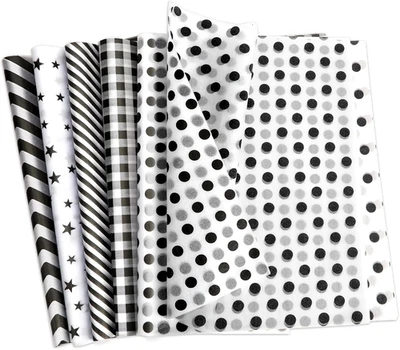 100 Sheets Black White Tissue Paper Star Dots Stripes Waves 19.7 × 13.8 Inch - Image 1 of 4