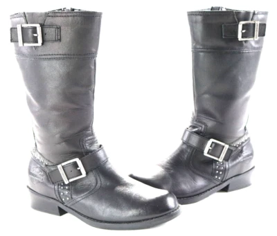 harley davidson womens black leather riding boots 7.5 zip pull slip studs flats - Image 1 of 4
