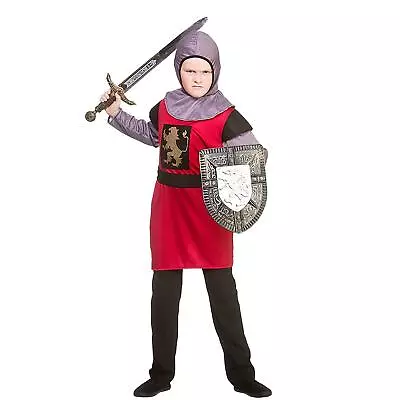 Bambini Cavaliere Medievale Costume Lionheart Rosso Tunica Argento Braccia Hood • 14€