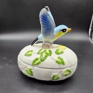Beautiful 'Semco' Blue Bird On Floral Egg Covered Box Ceramic Vintage - Picture 1 of 9