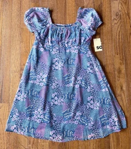 SO Girls' Puff Sleeve Chiffon Dress, Blue and Purple Print, Size L (10/12). NWT - Picture 1 of 5