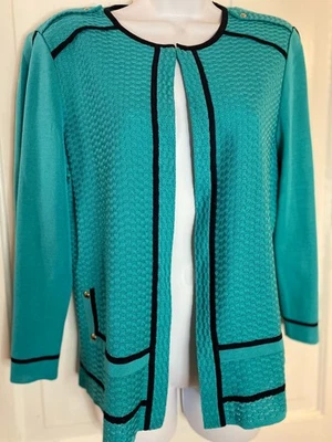 Ming Wang Knit Sweater Jacket Size M pretty Teal color with black trim - Image 1 of 4