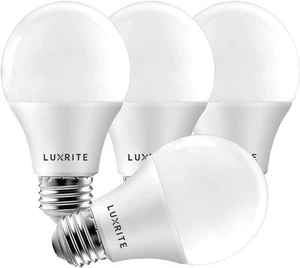 Luxrite A19 LED Bulbs 60W Equivalent Enclosed Fixture Rated 3500K E26 4-Pack - Picture 1 of 8