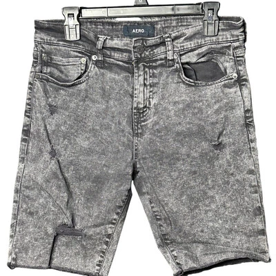 Pantalones cortos de mezclilla AERO para hombre negros lavados con ácido desgastados ajustados nuevos sin etiquetas talla 30 Foto 1 de 4