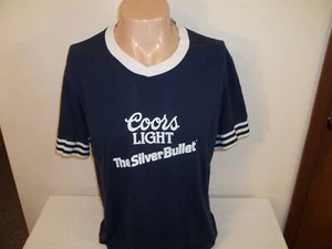 Vtg Poly Cotton COORS LIGHT THE SILVER BULLET V-NECK STRIPED SLEEVE T-SHIRT XL - Picture 1 of 8
