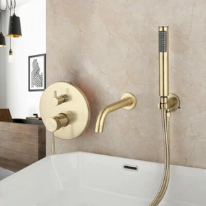 Gebürstetes Gold Badewanne Wandhalterung Wasserhahn mit Handspray Mixer Duschhahn Set - Bild 1 von 12