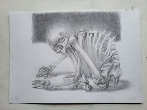 Human skeleton, original graphite pencil drawing on paper.