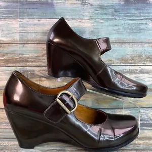 GEOX Mary Jane Shoes Womens Size 9M Gold Patent Leather Buckle Strap Wedge Heel - Picture 1 of 11