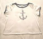 Alfred Dunner Maritime White And Navy Cotton Blend Crew Neck T-SHIRT SIZE 2X EUC