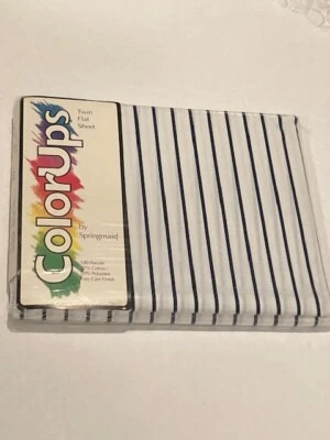 NEW Twin Flat Sheet White & Blue Striped ColorUps By Springmaid 180 Percale - Image 1 of 4