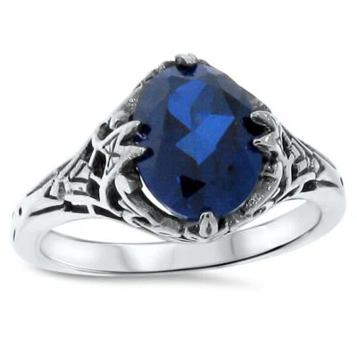 CLASSIC VICTORIAN STYLE 925 STERLING SILVER LAB-CREATED SAPPHIRE RING       448X - Image 1 of 4