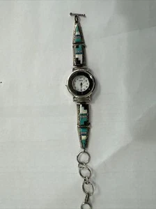 VINTAGE NAVAJO 'NEZ' TÜRKIS MULTI-STEIN ERHÖHTES INLAY STERLING UHRENBAND - Bild 1 von 20