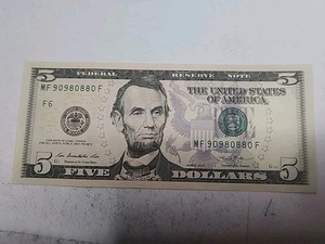REPEATER TRINARY $5  Dollar Bill 2013 MF 90980880F FANCY SERIAL NUMBER - Picture 1 of 4