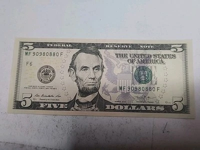 REPEATER TRINARY $5  Dollar Bill 2013 MF 90980880F FANCY SERIAL NUMBER - Image 1 of 4