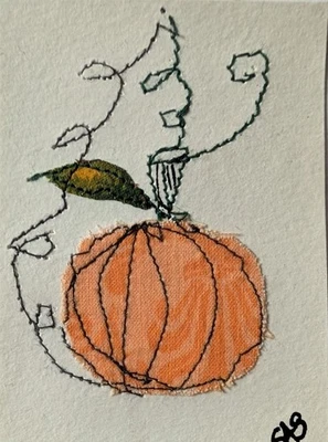 ACEO Art Card Original, Botanical , Fabric, Stitched , Outsider Art , Brut Art - Image 1 of 3