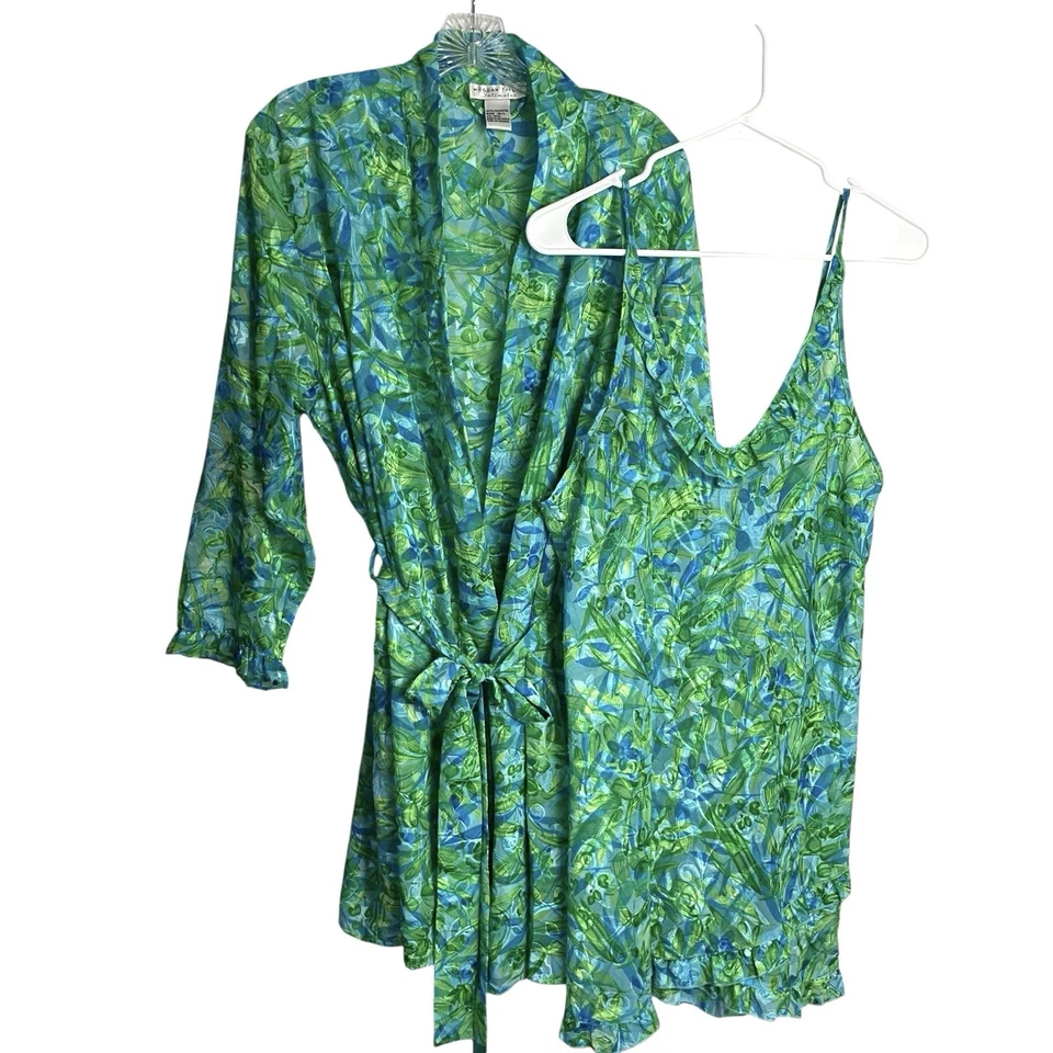 Morgan Taylor Intimates Chemise & Bata Mujer M Verde Azul Floral Cinturón Volantes Foto 1 de 4