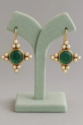 Museum Edwardian Earrings Green Pearl Gold Cameo Flower Geometric Court VTG - Image 1 of 4