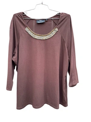 Blusa Top Túnica Dennis Basso Marrón Adornada Talla Grande 3X Boho Hippie QVC Foto 1 de 4
