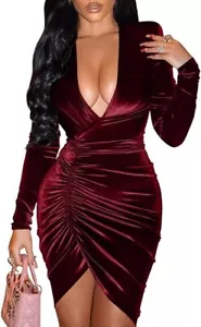 YMDUCH Women's Sexy Long Sleeve V Neck Ruched Bodycon Wrap Mini Dress - S (4-6) - Picture 1 of 2
