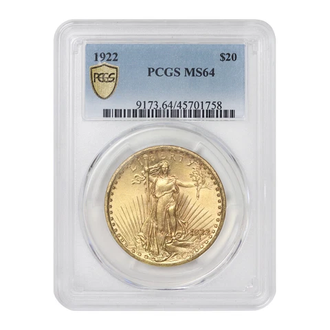 1922 $20 Saint Gaudens PCGS MS64 choice graded Gold Double Eagle twenty dollars Cover