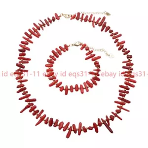 Natural Red Coral Chip Gemstone Beads Necklace Bracelet Jewelry Set 18'' 7.5'' - Picture 1 of 15