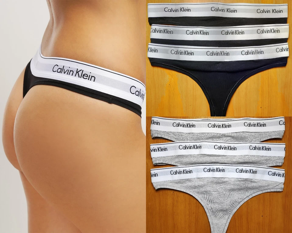 Calvin Klein Womens 3 Pack Thongs Knickers Underwears Black Grey - Image 1 of 4