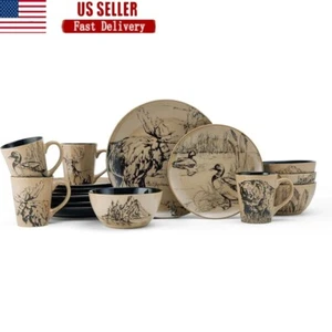 Animal Print Dinnerware Set 16 Piece Service 4 Lodge Style Stoneware Durable New - Picture 1 of 8