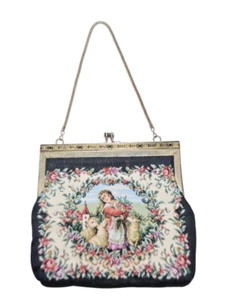 Vintage Petit Point Needlepoint Purse Tapestry Clutch Handbag Girl Sheep Floral - Picture 1 of 7
