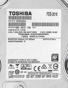 TOSHIBA 1-TB 6.0Gbps 7200 RPM 3.5-inch SATA LFF Hard Disk Drive DT01ACA100-100% - Picture 1 of 1
