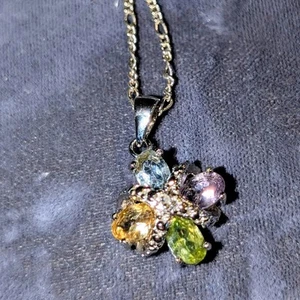 Vintage 925 Sterling Silver 4 Oval Gemstone & Diamond Figaro Chain Necklace - Picture 1 of 9