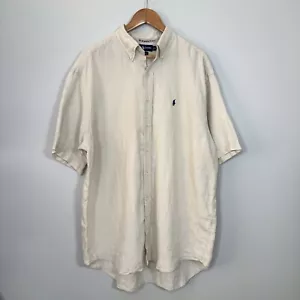 Ralph Lauren Blake Linen Shirt Men XL Beige Pony Blue Short Sleeve Resort - Picture 1 of 10