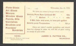 FECHADA 1906 PC MILWAUKEE WI JAMES E PATTO CO VIDRIO ARTÍSTICO ESPEJOS ACEITES ETC - Imagen 1 de 1