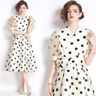 Summer Voile Patchwork Polka Dot Print V Neck Bow Tie Women Casual Wrap Dresses