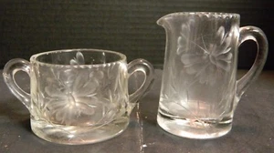 Vintage Etched Butterfly & Ivy Glass Creamer & Sugar Bowl Sunburst Bot Excellent - Picture 1 of 8