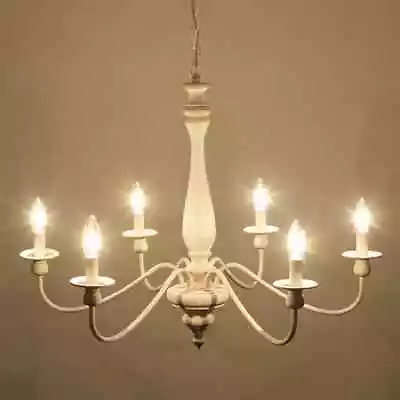 Antique French Country Chandelier Fixture White Wood Shabby Chic Pendant Light - Image 1 of 4