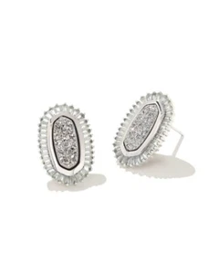 Kendra Scott Baguette Ellie Stud Earrings Rhodium Platinum Drusy NWT $98 - Picture 1 of 9