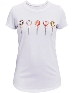 Under Armour UA Girl White SS Candy Sports Lollipop T-Shirt Tee Youth Small - Picture 1 of 2