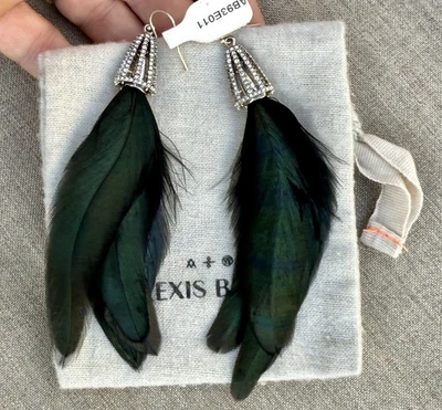 100% Authentic Alexis Bittar Crystal & Black/ Green Peacock Feather Earrings - Image 1 of 4