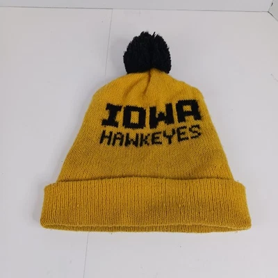 Vintage Iowa Hawkeyes Football Winter Stocking Hat Cap Pom Beanie Black & Yellow - Image 1 of 4
