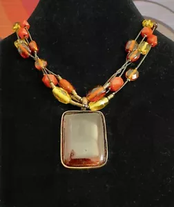 Collana Vintage Vetro Arancione Ciondolo Multi Filo Oro Marrone Boemia - Foto 1 di 7