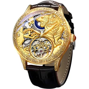 FORSINING Men's Gold Luxury Tourbillon Watch Tiger Carved Moon Phase Self-win... - Picture 1 of 7
