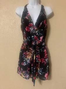 Express Faux Wrap Black Multicolor Floral Cami Romper Sz 4 Small NWOT - Picture 1 of 18