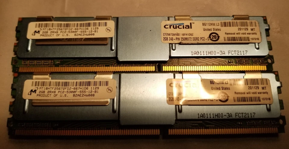 2 Crucial 2GB CT25672AF667 Memory Modules from Dell PowerEdge 1950 - 4GB total  - Image 1 of 2