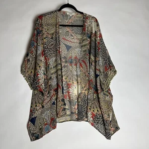 Umgee Boho Oversized Peacock Feather Tribal Pom Pom Open Kimono Topper Size M/L - Picture 1 of 5