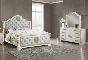 3pc LED Light Gold Accent Queen Size Bed Dresser Mirror Set Ivory Beige - Picture 1 of 4
