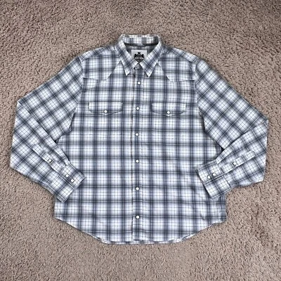 EXPRESS Gray Blue Plaid Long-Sleeve Collared Button-Up Shirt Men L Flap Pockets - Image 1 of 4