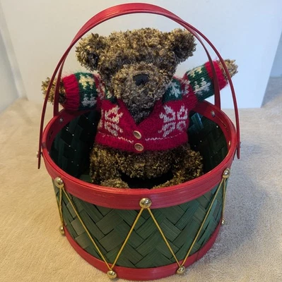 复古 80 年代毛绒熊和鼓形状 11 英寸篮子带手柄动物冒险圣诞节  — 第 1/4 张图片