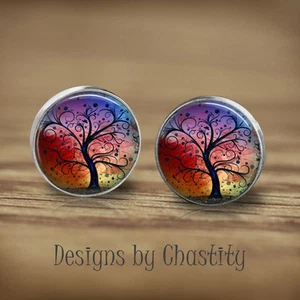 Pendientes Árbol de la Vida Abstracto Remolino Vidrio Imagen Artística Alterada Bisel Plateado - Imagen 1 de 1