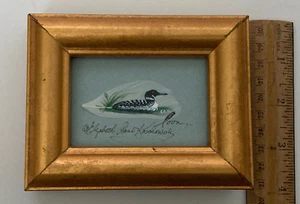 Framed Feather Art Acrylic Painted Loon on Swam Lake Signed Wall Art 4" x 5" - Picture 1 of 7